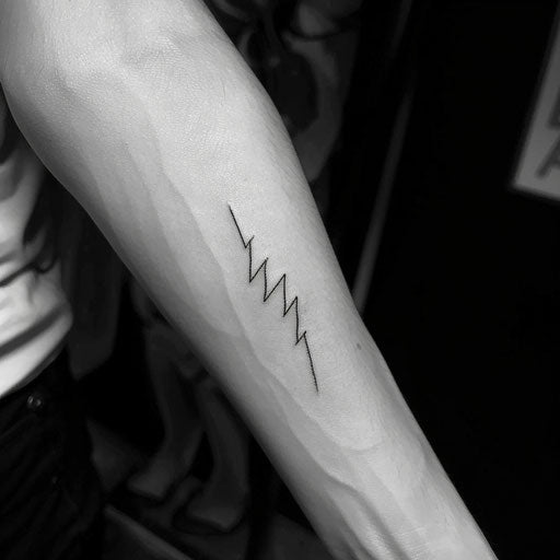 Dynamic flat tattoo sketch of a lightning bolt made with a single zigzag line