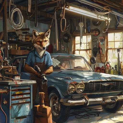 The coyote vintage car mechanic in a sunlit garage