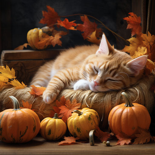 Ginger cat resting with pumpkins