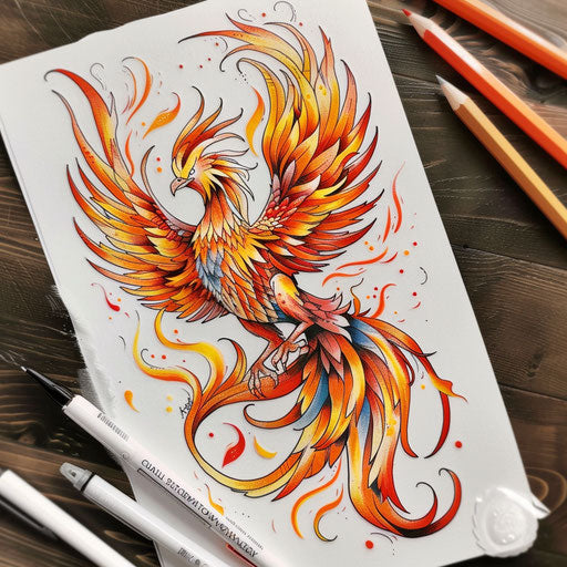 Sketch of a mystical phoenix rising from flames, fiery colors and bold outlines