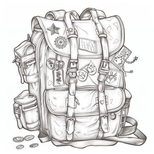 A backpack adorned with patches and pins from various countries. Coloring book page
