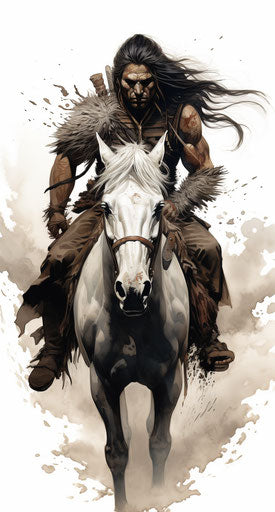 Indian tattoo with man riding horse and feathers