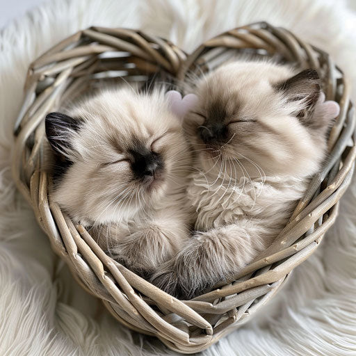 Two Himalayan kittens cuddling in a heart-shaped basket