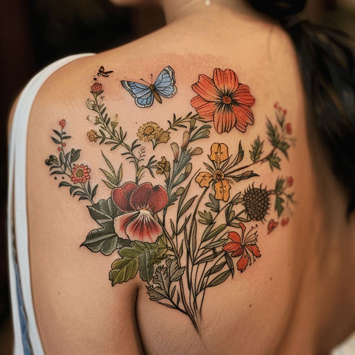 Botanical-themed shoulder tattoo with exotic flowers and butterflies
