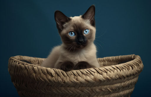 Kitten on basket, modern style, cultural hybridity