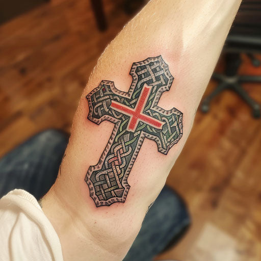 Patriotic-themed Celtic cross tattoo with national colors