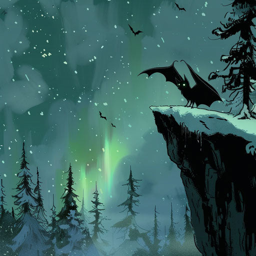Bat watching the northern lights from a snowy cliff