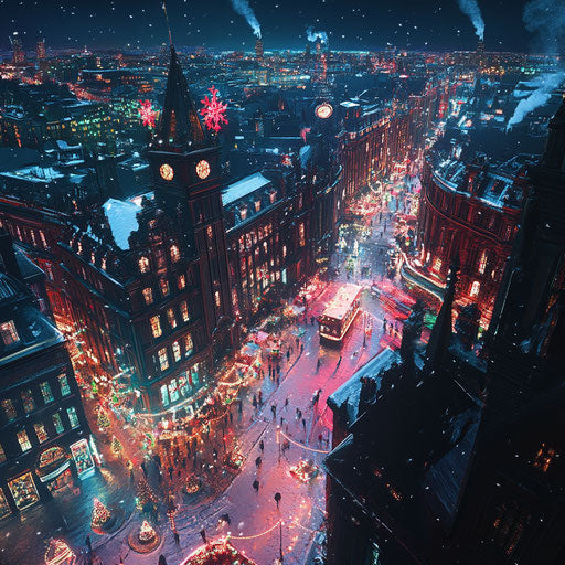 City aglow with Christmas lights from above