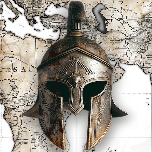 Spartan helmet on map of ancient Sparta, vintage style
