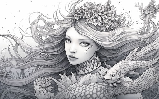 Mermaid with wings and seaweed, coloring page, lush and detailed style