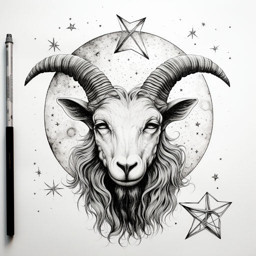 Goat head with star and moon in magipunk style