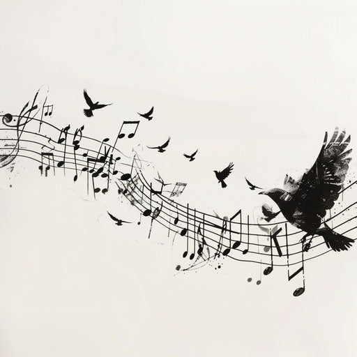 Musical notes transforming into birds in flight silhouettes