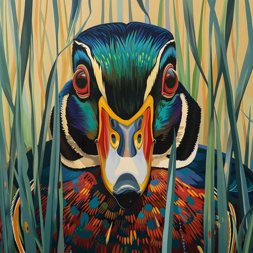 Wooden duck peeking from reeds