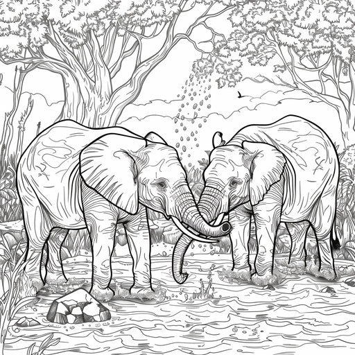 Elephants spraying water in a jungle river