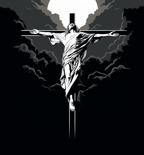 Jesus on the cross in black and white, simple tachist style