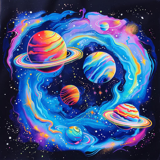 Planets orbiting in vibrant night sky