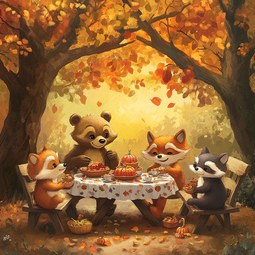 Animal Thanksgiving Feast Under Tree