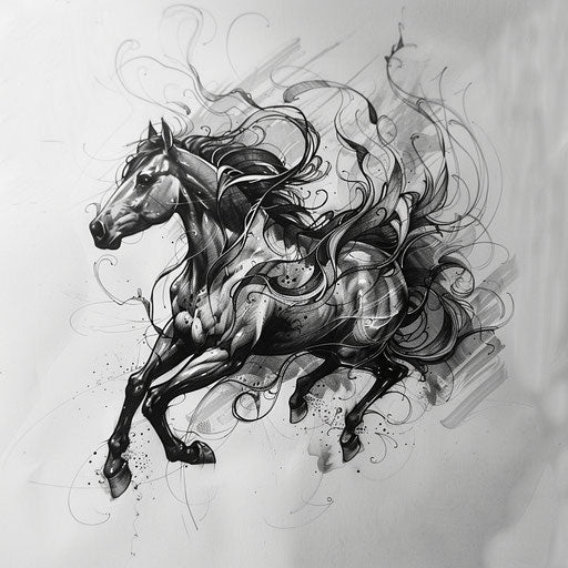 Dynamic flat tattoo sketch of a galloping dark horse with abstract smoke trails