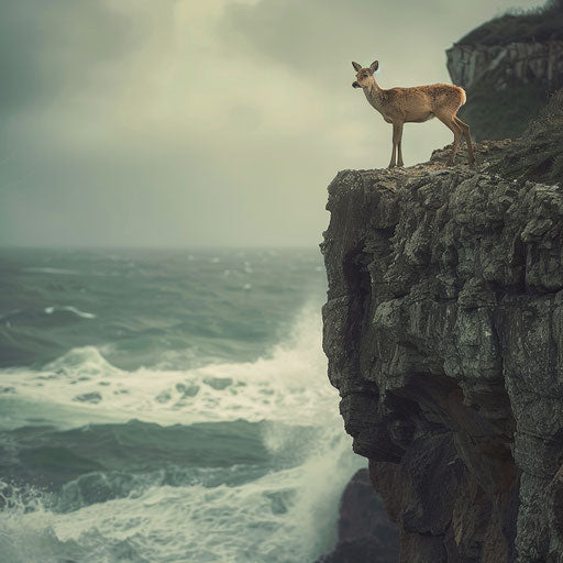 Deer on a rocky ledge with crashing ocean waves