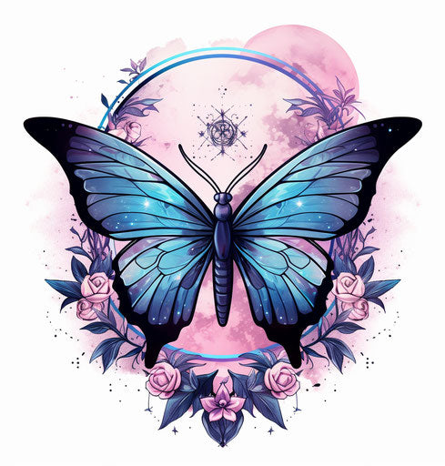 Moon and butterfly tattoo, light pink and indigo, futurist