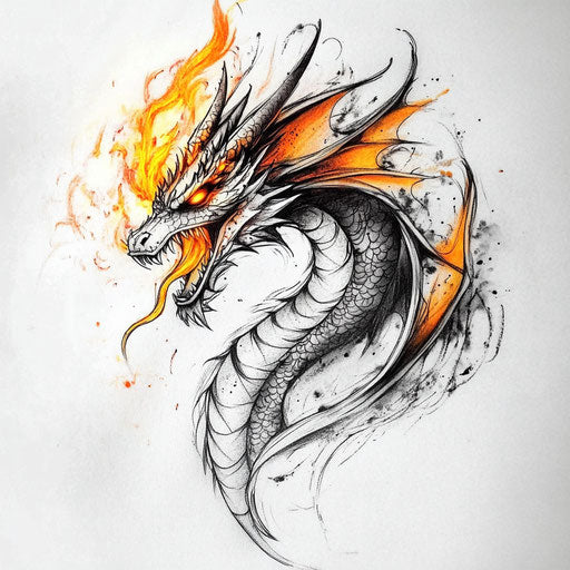 Dragon tattoo sketch for women with fire in orange and yellow