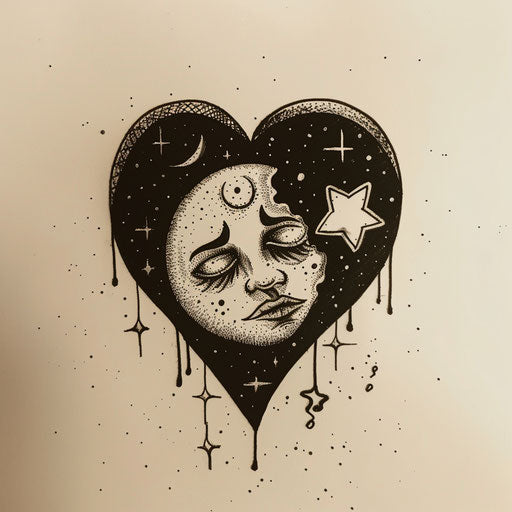 Flat tattoo sketch of a heart crying stars and celestial bodies