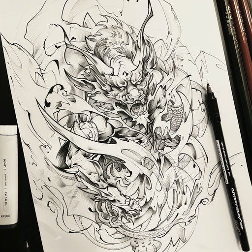 Energetic flat tattoo sketch of a Japanese demon with flames and explosive elements