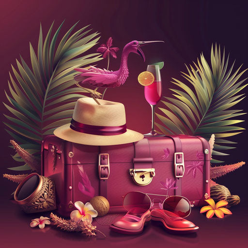 Realistic vacation clipart on a rich, luminous burgundy background
