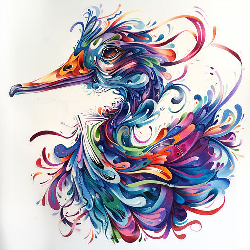 Psychedelic duck tattoo design, swirling colors and abstract forms on a white background