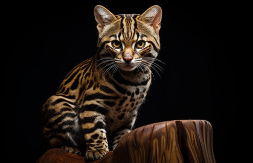Feline on tree stump, smooth lines, bold features, stripes