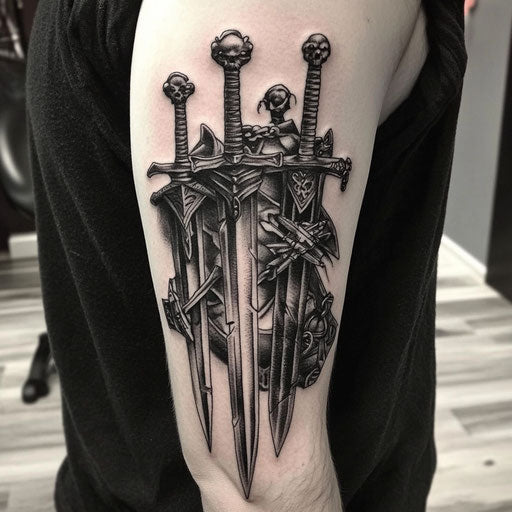 Black and grey tattoo with medieval weaponry