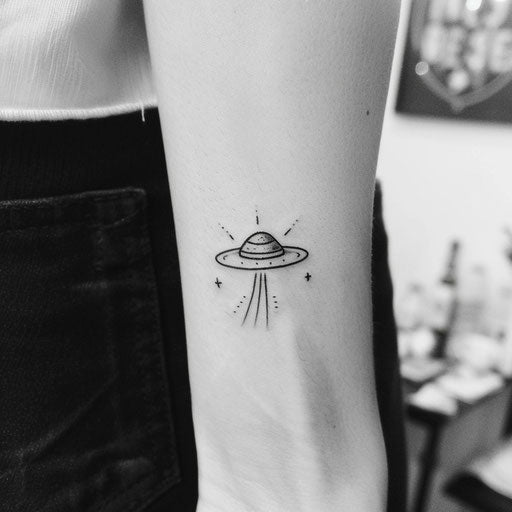 Minimalist UFO tattoo in line art style on white background