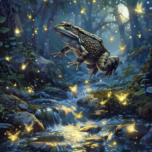 The frog leaping over a stream lit by fireflies, a magical nighttime escapade
