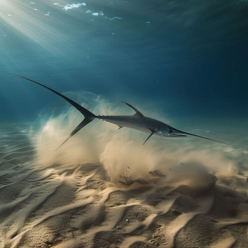 A swordfish swimming near the sandy ocean floor