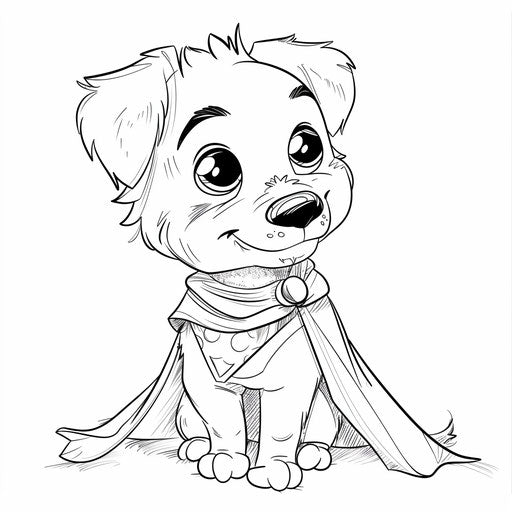 A puppy in superhero cape. Coloring book page
