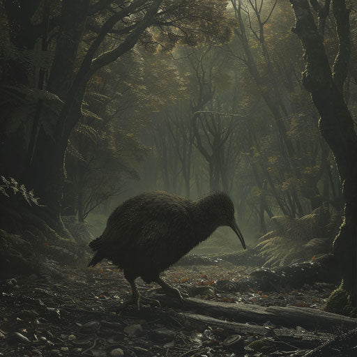 A kiwi bird navigating through a misty forest