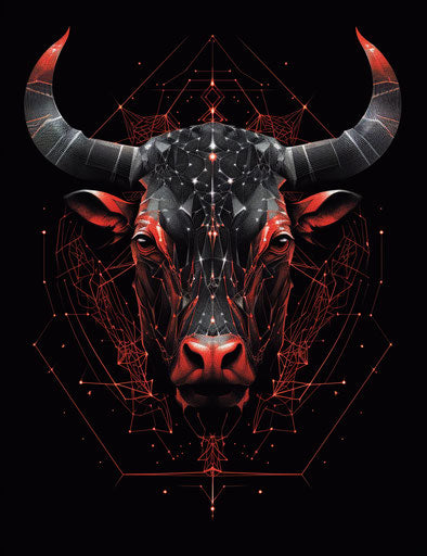 Geometric bull head, animated gif style, heavy metal embroidery