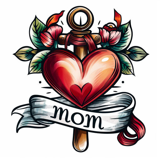 Old school sailor tattoo of a heart with a banner 'Mom'