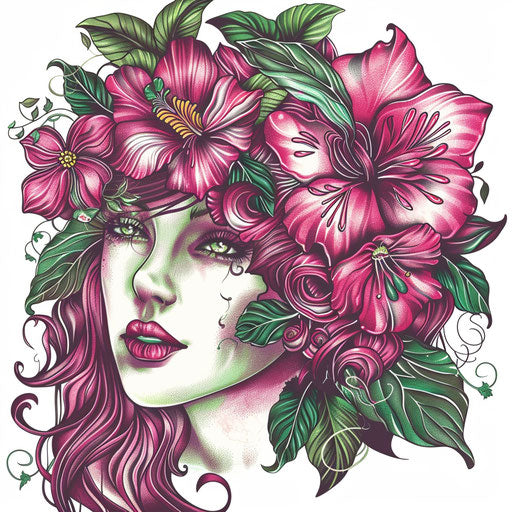Exotic flat tattoo sketch of Venus adorned with exotic flowers, lush pink and green, clipart design