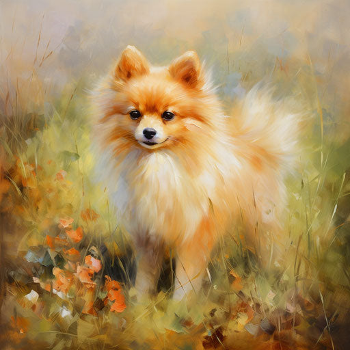 Red and white pomeranian standing in grass