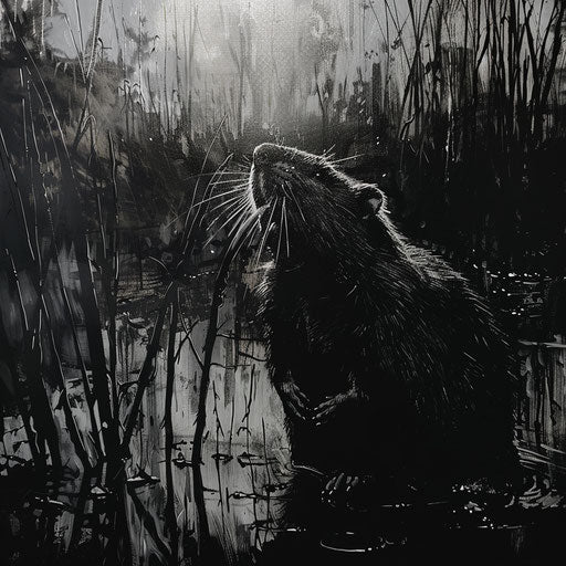 Muskrat in a poetic black and white marsh scene