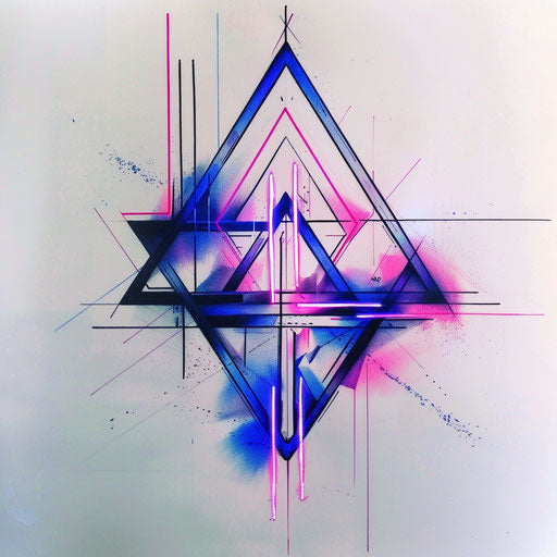 Futuristic triangle tattoo design with blue and pink lines on white background