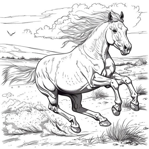 Pony galloping in open field, coloring book page