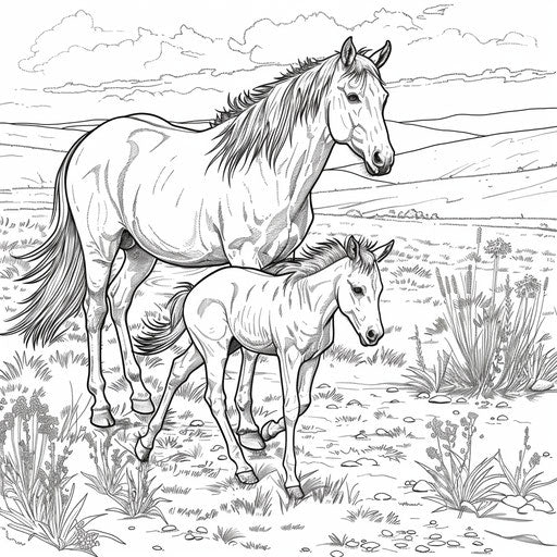 Horse and foal walking side by side in meadow. Coloring book page