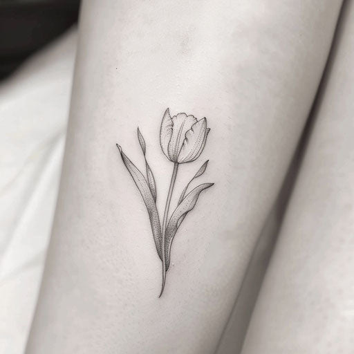 Modern minimalist single-line small tulip flower tattoo design on a white canvas