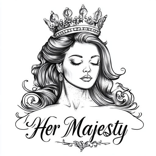 Queen with crown and script 'Her Majesty'