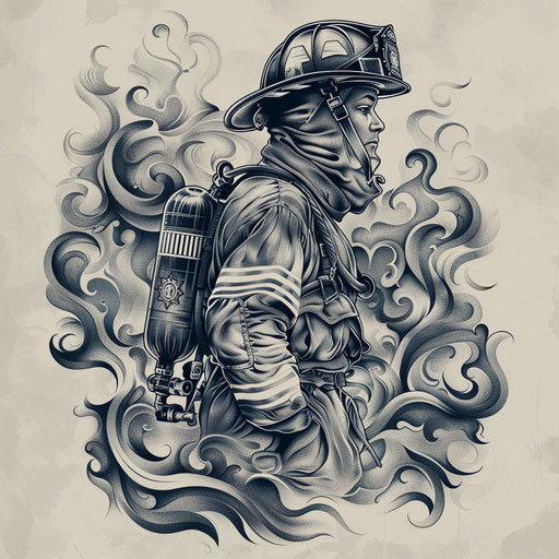 Elegant firefighter with dark and silver smoke swirls