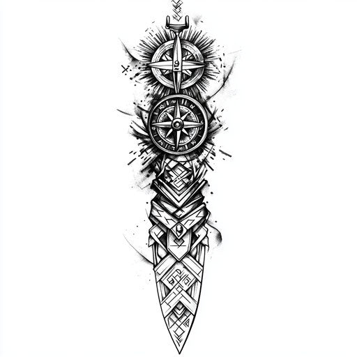 Viking sleeve tattoo with Vegvísir in geometric pattern