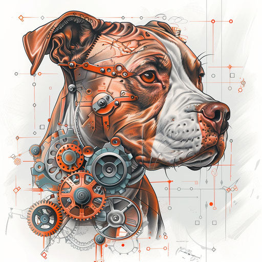 Steampunk pitbull tattoo design with gears and copper elements on white