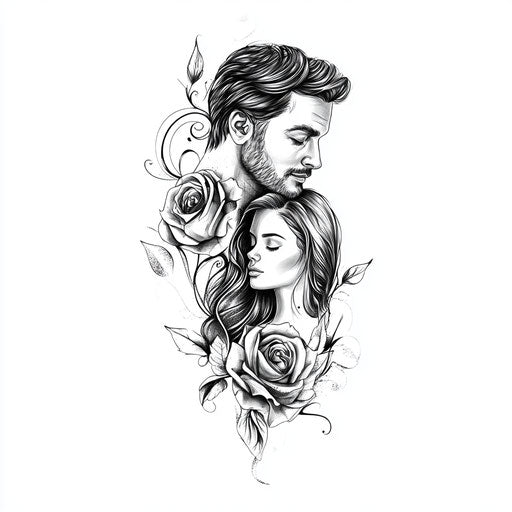 Tattoo sketch of parents in b/w on pure white background